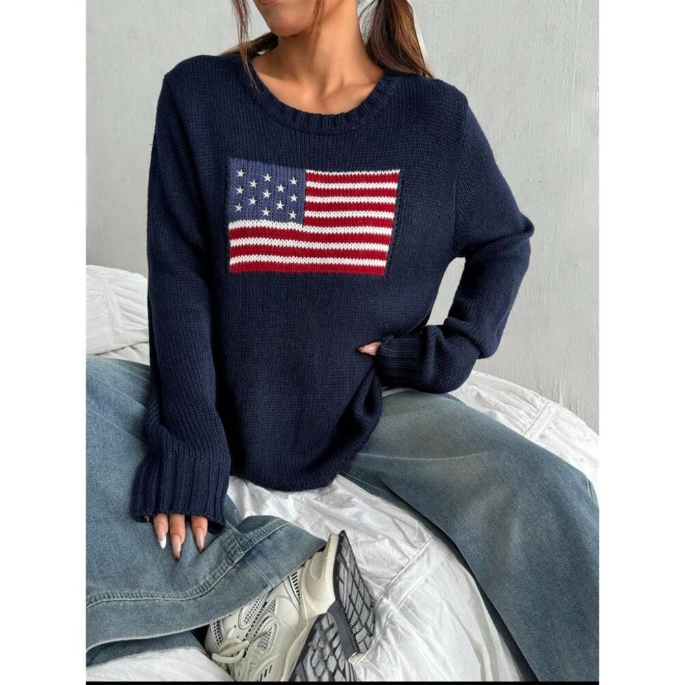 🇺🇸 usa american flag knit sweater patriotic navy blue preppy - Picture 2 of 4